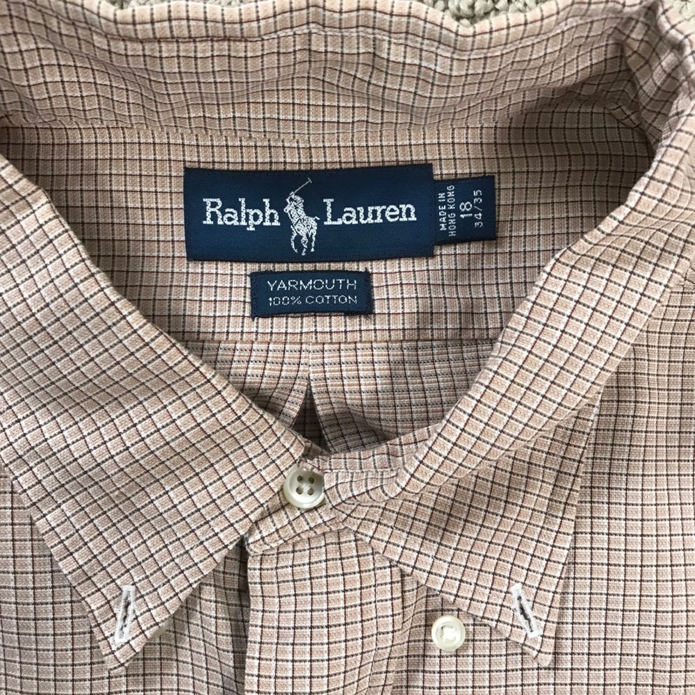 Ralph Lauren Yarmouth Mens 18 34/35 Tan Micro Check Cotton Button Down Shirt - Picture 4 of 7